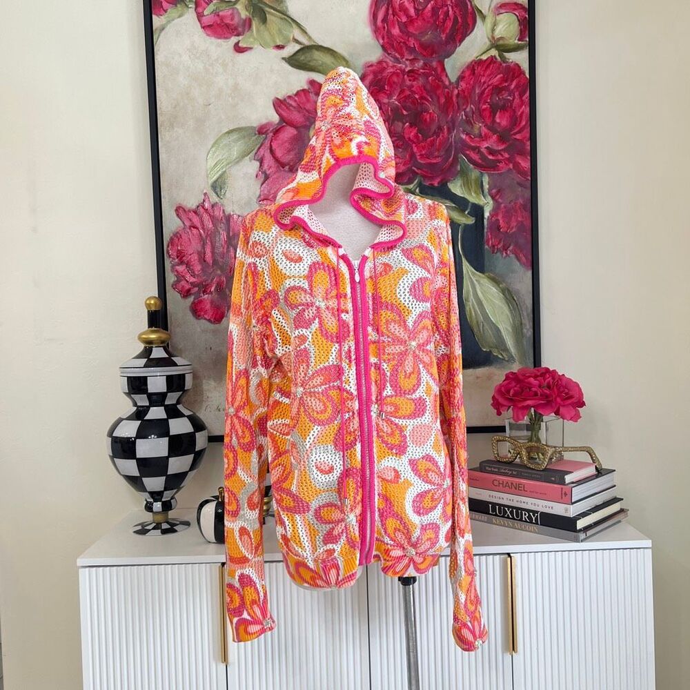 Just B Women's Floral Sequin Open Knit Hooded Zip Up Sweater Pink Orange Size XL